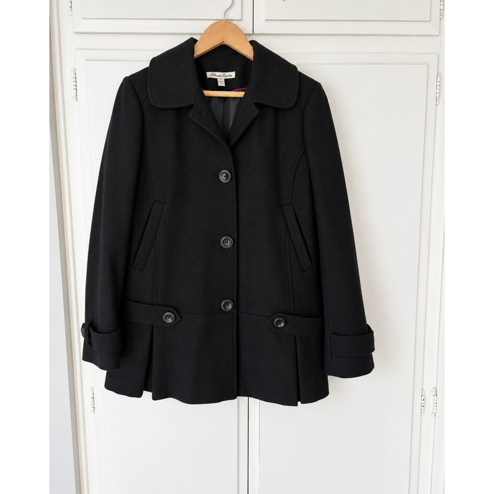 American Rag Womens Black Wool Blend Pleated Hem Peacoat Jacket Size M